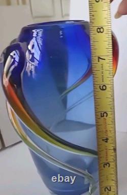 Mid Century Blue Boheimian Studio Art Glass Vase Handblown Fused/Swirling Design