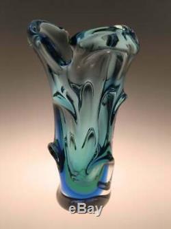 Mid Century Heavy Art Glass Vase Blue Green Sommerso Beranek Skrdlovice Czech