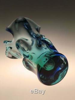 Mid Century Heavy Art Glass Vase Blue Green Sommerso Beranek Skrdlovice Czech