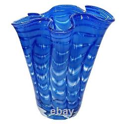 Mid Century Italian Murano 11.5 Cobalt Blue Ruffled Scalloped Art Glass Vase