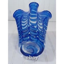 Mid Century Italian Murano 11.5 Cobalt Blue Ruffled Scalloped Art Glass Vase