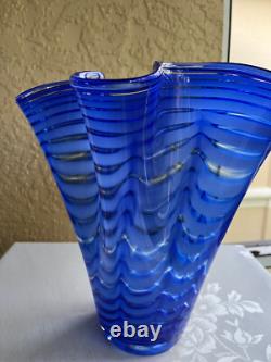 Mid-Century Italian Murano Scalloped Blue Art Glass Ruffled Vase