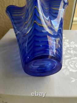 Mid-Century Italian Murano Scalloped Blue Art Glass Ruffled Vase