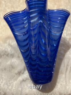 Mid-Century Italian Murano Scalloped Blue Art Glass Ruffled Vase