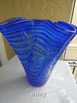 Mid-Century Italian Murano Scalloped Blue Art Glass Ruffled Vase