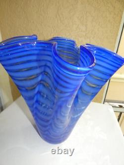 Mid-Century Italian Murano Scalloped Blue Art Glass Ruffled Vase