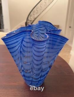 Mid-Century Italian Murano Scalloped Blue Art Glass Ruffled Vase 12 x 11