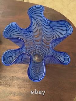 Mid-Century Italian Murano Scalloped Blue Art Glass Ruffled Vase 12 x 11
