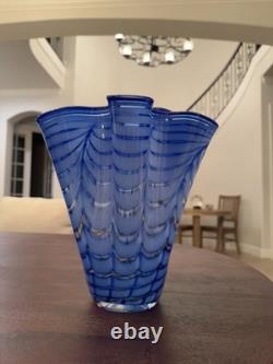 Mid-Century Italian Murano Scalloped Blue Art Glass Ruffled Vase 12 x 11