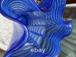 Mid-Century Italian Murano Scalloped Blue Art Glass Ruffled Vase