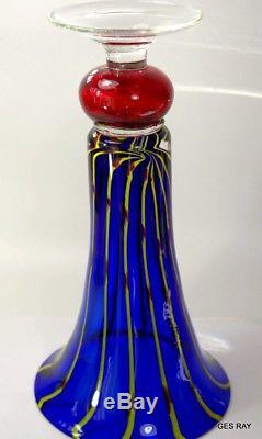 Mid Century Italian Venetian Murano Art Glass Vase Blue Yellow Red Strips 12