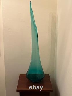 Mid Century MCM Vintage LE Smith Smooth Swung Glass Floor Vase Blue 28 inches