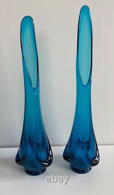 Mid Century Modern 2 Large Viking Glass Drape Swung Vase 18.5 19.5 Blue