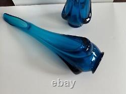 Mid Century Modern 2 Large Viking Glass Drape Swung Vase 18.5 19.5 Blue