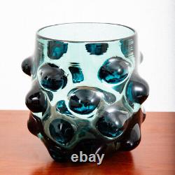 Mid Century Modern Art Glass Vase Blue Bubble Round Handblown Glass Mcm