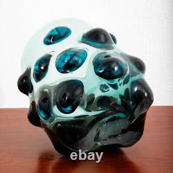 Mid Century Modern Art Glass Vase Blue Bubble Round Handblown Glass Mcm