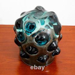 Mid Century Modern Art Glass Vase Blue Bubble Round Handblown Glass Mcm