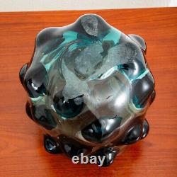 Mid Century Modern Art Glass Vase Blue Bubble Round Handblown Glass Mcm