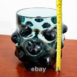 Mid Century Modern Art Glass Vase Blue Bubble Round Handblown Glass Mcm