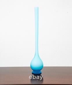 Mid Century Modern Art Glass Vase Blue Opaline Round Pencil Neck Cased Floral