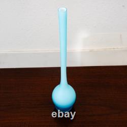Mid Century Modern Art Glass Vase Blue Opaline Round Pencil Neck Cased Floral