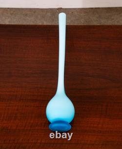 Mid Century Modern Art Glass Vase Blue Opaline Round Pencil Neck Cased Floral
