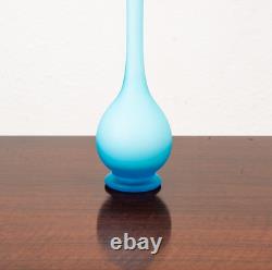 Mid Century Modern Art Glass Vase Blue Opaline Round Pencil Neck Cased Floral