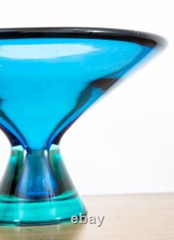 Mid Century Modern Art Glass Vase Bowl Blue Sommerso Round Heavy Murano 2 Tone