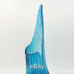 Mid Century Modern L E Smith Art Glass Turquoise Blue Swung Vase 22T MCM Viking