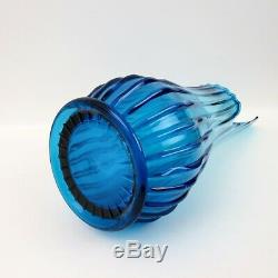 Mid Century Modern L E Smith Art Glass Turquoise Blue Swung Vase 22T MCM Viking