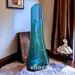 Mid-Century Modern LARGE Swung Glass Vase Peacock Blue Bulb Shape Bottom 21H