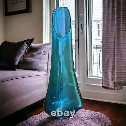 Mid-Century Modern LARGE Swung Glass Vase Peacock Blue Bulb Shape Bottom 21H