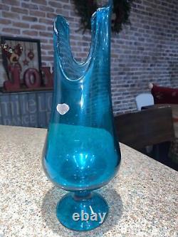 Mid-Century Modern LE Smith Glass wide Swung Vase aqua Blue Vintage 14