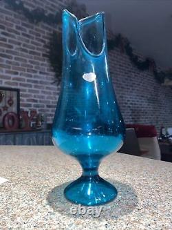 Mid-Century Modern LE Smith Glass wide Swung Vase aqua Blue Vintage 14