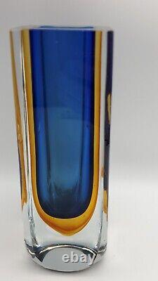 Mid-Century Modern Murano Style Sommerso Blue & Amber Glass Vase
