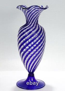 Mid-Century Modern Venetian / Murano Blue & White Swirl Italian Art Glass Vase