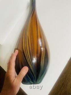 Mid Century Murano Art Glass Vase Organic Stripe Pattern Orange Blue EUC