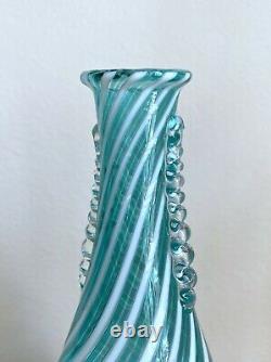 Mid-Century Murano Blown Glass Blue White Venetian Art Vase Ribbon Ruffled Italy