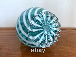 Mid-Century Murano Blown Glass Blue White Venetian Art Vase Ribbon Ruffled Italy