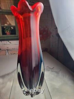 Mid Century Murano Red and Blue Glass Vase 9 tall