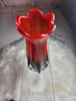 Mid Century Murano Red and Blue Glass Vase 9 tall