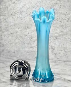 Mid-Century Opalescent Blue Stretch Swung Blown Art Glass Vase