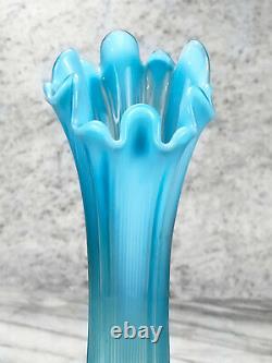 Mid-Century Opalescent Blue Stretch Swung Blown Art Glass Vase