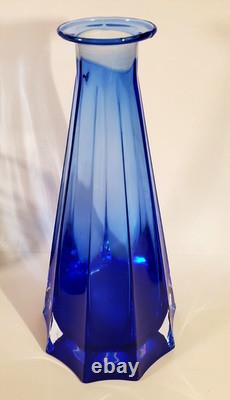 Mid Century Paneled Cut Italian Cobalt Art Glass Vase Clear Base 11 Inch