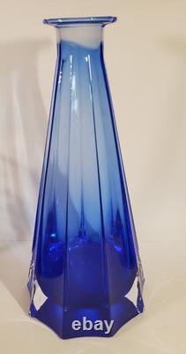 Mid Century Paneled Cut Italian Cobalt Art Glass Vase Clear Base 11 Inch
