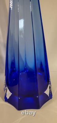 Mid Century Paneled Cut Italian Cobalt Art Glass Vase Clear Base 11 Inch