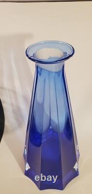 Mid Century Paneled Cut Italian Cobalt Art Glass Vase Clear Base 11 Inch