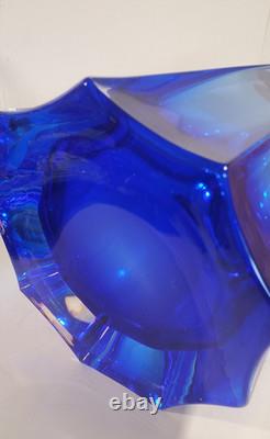 Mid Century Paneled Cut Italian Cobalt Art Glass Vase Clear Base 11 Inch