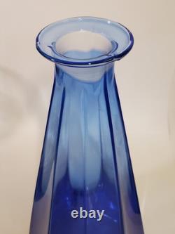 Mid Century Paneled Cut Italian Cobalt Art Glass Vase Clear Base 11 Inch