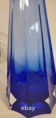 Mid Century Paneled Cut Italian Cobalt Art Glass Vase Clear Base 11 Inch